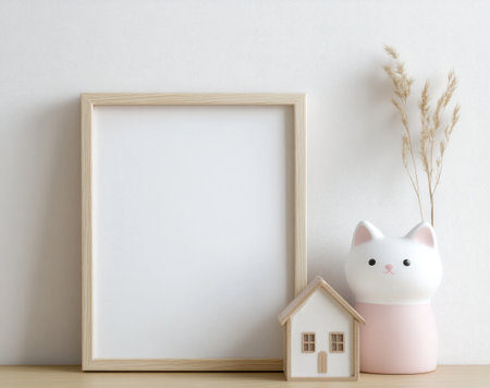 White background, light wood picture frame mockup on the wall with a cute kawaii cat house figurine next to it, a white blank canvas, soft pink and cream colors, minimalist, simple, cute kawaiicore aesthetic, empty, blank, no text, no images, no artwork inside the frame. --ar 19:15 --v 6.1 Job ID: faa9ff4e-abe5-4ed4-bdd3-f08aaab62480の素材