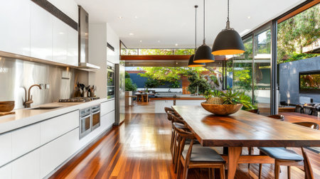 Modern kitchen with white cabinets, dining table and chairs, wooden floor, large window, bright light from the outside, hanging pendant lights above the cabinets, modern style decoration, clean and simple design, warm color tone, panoramic view of the indoor space. White walls and ceiling, natural wood flooring, wooden tabletop in front of an oven. Bright daylight shines through the windows, creating a comfortable atmosphere for cooking or having dinner together. --chaos 30 --ar 16:9 --v 6.1 Job ID: 40f18bac-2666-4e43-b5f8-436dcb190d58の素材