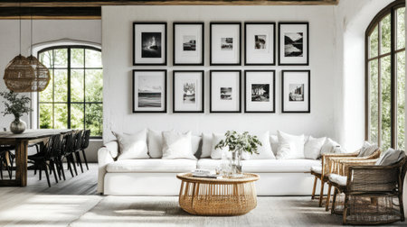 White living room with black and white photo frames on the wall, a sofa in front of a coffee table, a dining area to the left side, ambient lighting, photorealistic. --chaos 30 --ar 16:9 --v 6.1 Job ID: c079e2e5-132b-4650-ab72-dface4689757の素材