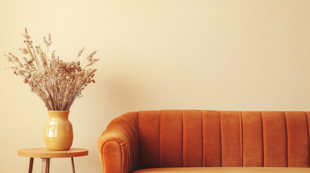 Photo of a minimalist living room with an orange velvet sofa and a mustard-colored side table, accented by a ceramic vase holding dried flowers. The background is a plain cream wall, creating a warm atmosphere. --chaos 30 --ar 16:9 --v 6.1 Job ID: 929ba23b-1ab8-4465-ae6c-32b38206c49aの素材