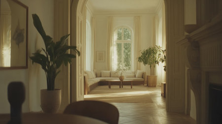 Photo of a living room with white walls and plants, featuring an empty frame mockup on the wall. The space is filled with natural light from large windows. There's also wooden furniture in neutral tones, creating a cozy atmosphere. --chaos 30 --ar 16:9 --v 6.1 Job ID: 8b267c2c-6cef-492f-a06f-566560dd34eaの素材