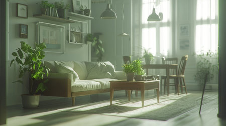 White living room with wooden furniture and green decor, including plants in pots on shelves, a sofa with cushions, a coffee table, lamps hanging from the ceiling, and a rug under the couch. A dining area is visible in the background. The interior design style is Scandinavian, with natural lighting captured by a wide-angle lens. --chaos 30 --ar 16:9 --v 6.1 Job ID: 82b91ea2-7760-4b22-8e28-c38b732a6303の素材