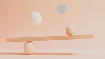 Photo of a balanced scale with wooden sticks and spheres on a light brown background, representing the concept of balance in AI design. The minimalist composition is set against a soft pastel pink backdrop that creates an atmosphere of calmness and simplicity. In the foreground, there is one white sphere, symbolizing artificial intelligence, while two small beige blocks represent human creativity. There is also another blue circle floating above them, which adds to the overall visual appeal. --chaos 30 --ar 16:9 --v 6.1 Job ID: 53cfbd90-7ce7-41ab-8e9f-e9d2f1249010の素材