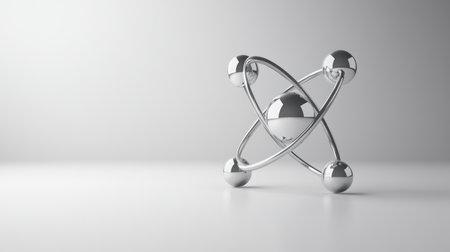 Stylized silver atom logo on a white background, vector illustration, high-resolution, professional photograph. The ultra-detailed logo is created using Adobe Illustrator and in the style of metallic elements. It features a silver atomic symbol with three orbiting proactive spheres representing electrons. Isolated on a solid, stark white background. A clipart-like design suitable for use in graphic designers' digital tools or as an icon for online social media content related to science education. --chaos 30 --ar 16:9 --v 6.1 Job ID: e0ca16dc-6e25-4f3c-b1ad-9744df732e27の素材