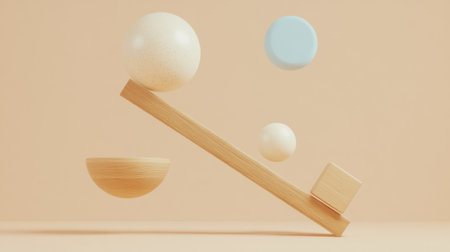 Photo of a balanced scale with wooden sticks and spheres on a light brown background, representing the concept of balance in AI design. The minimalist composition is set against a soft pastel pink backdrop that creates an atmosphere of calmness and simplicity. In the foreground, there is one white sphere, symbolizing artificial intelligence, while two small beige blocks represent human creativity. There is also another blue circle floating above them, which adds to the overall visual appeal. --chaos 30 --ar 16:9 --v 6.1 Job ID: 53cfbd90-7ce7-41ab-8e9f-e9d2f1249010の素材