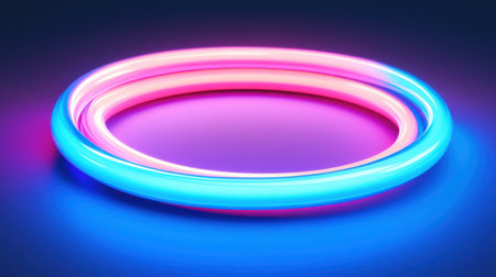 3D render, abstract neon light ring on a dark background. Glowing circular frame for banner design. Neon glowing effect, in the style of blue and pink colors. Vector illustration. All focus, brightness, daylight, bright room lighting, volumetric lighting, cinematic, sharp details, beautiful colors, and professional photo. --chaos 30 --ar 16:9 --v 6.1 Job ID: 3f47d78c-eaa8-4262-8c68-aafc4c304fbaの素材