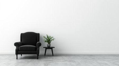 White empty wall for product mockup with a black armchair and table, the interior design of a modern living room in a minimalistic home decor. Background scene, a 3D rendering with copy space, an award-winning detailed shot taken on a Sony Alpha A7 III camera, with professional color grading. --chaos 30 --ar 16:9 --v 6.1 Job ID: 951aadf0-0afe-4127-8e27-94fefe0235c8の素材