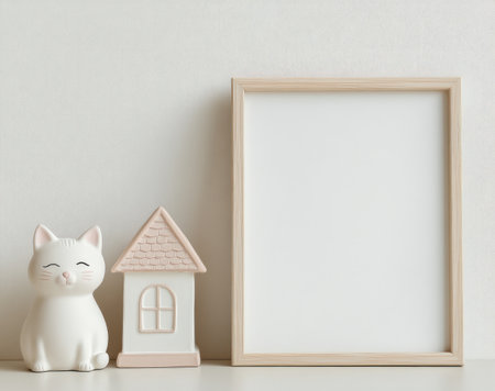 White background, light wood picture frame mockup on the wall with a cute kawaii cat house figurine next to it, a white blank canvas, soft pink and cream colors, minimalist, simple, cute kawaiicore aesthetic, empty, blank, no text, no images, no artwork inside the frame. --ar 19:15 --v 6.1 Job ID: faa9ff4e-abe5-4ed4-bdd3-f08aaab62480の素材