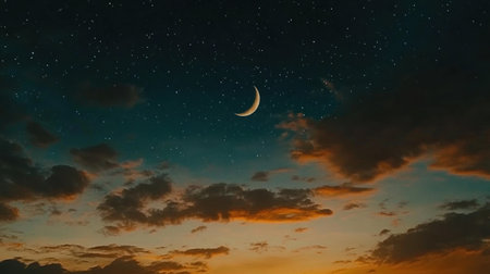 A crescent moon and stars in the sky at night, creating an enchanting backdrop for Ramadan. --chaos 30 --ar 16:9 --v 6.1 Job ID: ef0da1e4-3c97-474c-a953-3de536c5f9b3の素材