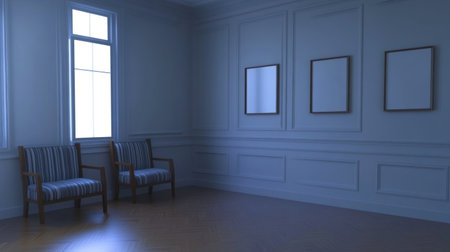3D rendering of three empty picture frames on the wall in an elegant living room with a striped sofa and wooden armchairs, white walls, and a parquet floor. Scandinavian interior design style with black and grey decor. --chaos 30 --ar 16:9 --v 6.1 Job ID: 338f14cd-6e52-4918-99f3-eabcde53553eの素材