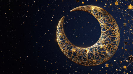 3D rendering of a golden crescent moon with Islamic geometric patterns on a dark blue background for Eid Mubarak or Ramadan Kareem wallpaper design, isolated on a black color background, banner template. Space and copy text area. Concept of celebration in the Muslim world. --chaos 30 --ar 16:9 --v 6.1 Job ID: 262b68a6-fcf7-4ebc-86b1-660b5a849189の素材