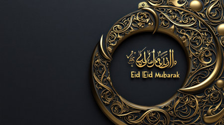 3D rendering of a golden crescent with Arabic calligraphy for a Ramadan Kareem banner template on a dark background, vector illustration design. Ramadan and Islamic festival concept. The text "Eid Mubarak" is written in the center above the moon using Arabic calligraphic writing. There is an empty space on one side to add other elements or designs. This artwork would be suitable as a cover design for various applications, such as social media post design or packaging design. --chaos 30 --ar 16:9 --v 6.1 Job ID: 9ea11601-010b-48c5-b37c-7f8d1ca0bba2の素材