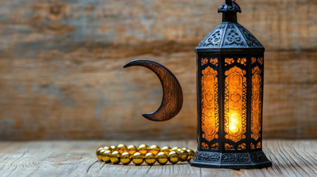 A lantern with a crescent moon and prayer beads in front of it, Ramadan background concept. --chaos 30 --ar 16:9 --v 6.1 Job ID: a321698a-78d7-4126-b5d3-74cf50c38f75の素材