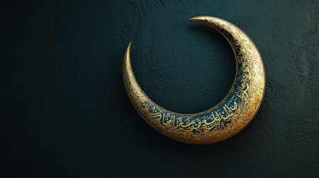 3D rendering of a golden crescent with Arabic calligraphy for a Ramadan Kareem banner template on a dark background. Ramadan Islamic concept design illustration vector. Golden moon with an Islamic pattern. Copy space, high quality. --chaos 30 --ar 16:9 --v 6.1 Job ID: 11cc4a65-c150-4b7a-b923-e759f79d16d9の素材
