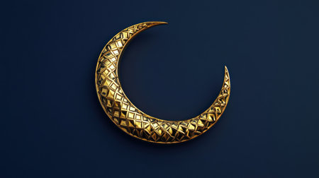 3D rendering of a crescent moon with an Islamic pattern on a dark blue background for an Eid Mubarak and Ramadan Kareem greeting card template design, banner, poster, or presentation. Isolated vector illustration. Blue background with a golden moon symbol in the middle. Ramadan concept. Vector illustration. Wide-angle lens, shot from above, warm lighting, ultra-realistic photography. --chaos 30 --ar 16:9 --v 6.1 Job ID: b29434b1-8191-46ec-ad2c-153422e20f30の素材