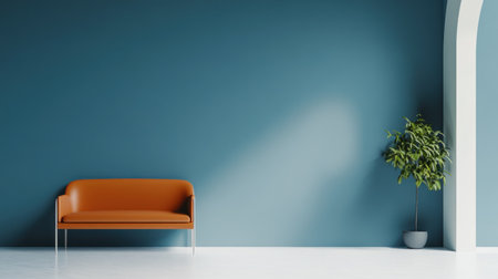 Modern minimalist style, a blue wall with an orange leather sofa in the foreground and arches on one side of it. The floor is white, and there's a plant beside the sofa. There should be no other furniture or objects in front of that sofa. This scene has a clean aesthetic with a touch of greenery. It feels calm yet stylish, suitable for use as a background. --chaos 30 --ar 16:9 --v 6.1 Job ID: b41cc5a3-76f1-4f7c-b815-5a9ff24c5187の素材