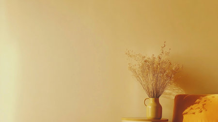 Photo of a minimalist living room with an orange velvet sofa and a mustard-colored side table, accented by a ceramic vase holding dried flowers. The background is a plain cream wall, creating a warm atmosphere. --chaos 30 --ar 16:9 --v 6.1 Job ID: 929ba23b-1ab8-4465-ae6c-32b38206c49aの素材