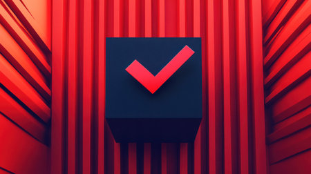 Red checkmark on a red background. Flat lay, top view, 3D rendering illustration of abstract geometric shapes like cubes and arrows in the air with copy space for your design. --chaos 30 --ar 16:9 --v 6.1 Job ID: 7b8045c5-8eb7-4186-90cd-0658f258e026の素材