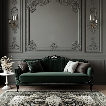 A dark green velvet sofa with black trim, centered in the room on an area rug. The background is gray wall paneling adorned with intricate carvings and elegant lighting fixtures. A small white table sits beside it, holding vases of flowers and decorative objects. This scene captures the elegance and sophistication of high-end interior design, showcasing rich textures and colors that create a luxurious atmosphere. --v 6.1 Job ID: 3a5f3e75-c79e-4348-8894-bd20f7c9bc5fの素材