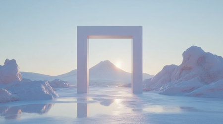 3D rendering of an empty room with a white concrete floor and wall background. A mountain landscape is seen through an open door in the center. Bright daylight outside. Minimalist interior design concept, 40 mm lens. --chaos 30 --ar 16:9 --v 6.1 Job ID: a9d38ea3-e7d6-431e-8c03-559beee21cf6の素材