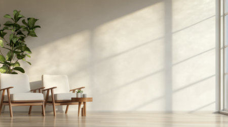 White wall with two wooden armchairs and a small side table, sunlight streaming through the window, a modern minimalist interior design style, soft daylight, minimalistic furniture, clean lines, neutral colors, geometric shapes, a calm atmosphere, a serene mood, and a comfortable living space ambiance. --chaos 30 --ar 16:9 --v 6.1 Job ID: 3b0f98fc-46fc-4327-afe6-abbed0f4de99の素材