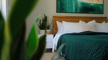 A green bedroom with white furniture, plants, and abstract paintings on the wall. The bed is covered in a dark emerald blanket, and white side tables stand beside it. A wooden headboard hangs above the soft pillows. On each nightstand stands an ornamental pot of snake plant or calathea plant. In front of the bed, there is a woven rug on the floor. --chaos 30 --ar 16:9 --v 6.1 Job ID: 11990203-ab32-4327-b1ea-6a2218e8049dの素材