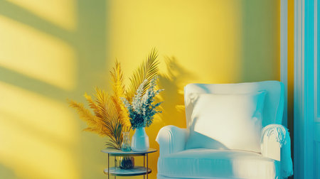 3D rendering of a modern interior design with an armchair and side table on a yellow wall background. The color theme is turquoise, with a concept of copy space. Minimalist home decor, lifestyle, and furniture decoration. Stock photo with 2/3 space for text. --chaos 30 --ar 16:9 --v 6.1 Job ID: 58eb9650-b8bb-4e49-986a-c4c39422041eの素材