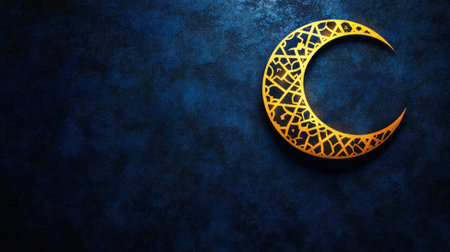 3D rendering of a golden crescent moon with Islamic geometric patterns on a dark blue background for Eid Mubarak or Ramadan Kareem wallpaper design, isolated on a black color background, banner template. Space and copy text area. Concept of celebration in the Muslim world. --chaos 30 --ar 16:9 --v 6.1 Job ID: 262b68a6-fcf7-4ebc-86b1-660b5a849189の素材