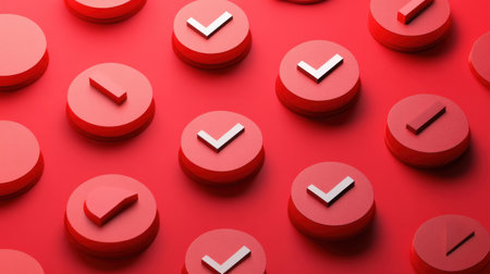 Red checkmark icons floating on a red background, 3D rendering illustration. Abstract geometric shape pattern with a flat design style. Background vector for a Valentine's Day concept. Flat lay. --chaos 30 --ar 16:9 --v 6.1 Job ID: 64c6302c-23ab-4a52-8dc1-d3b59f95e404の素材