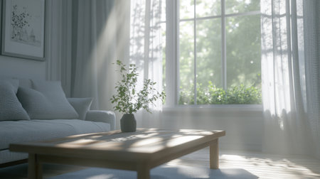 A bright and airy living room in Amsterdam with white walls, light wood flooring, a grey sofa, a wooden coffee table, large windows with curtains on the right side of the picture, a garden view outside, and soft sunlight streaming through the windows. --chaos 30 --ar 16:9 --v 6.1 Job ID: 22499c12-5946-4b78-a580-8aad77ef5fc5の素材