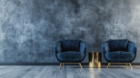 3D rendering of an empty room with a gray concrete wall and two dark blue armchairs on the floor. A golden side table is near one of the chairs. This minimal interior design concept is suitable for a home, apartment, or office space background. It can be used as a banner mockup template. High resolution. --chaos 30 --ar 16:9 --v 6.1 Job ID: 0e70a3a3-13ce-4345-b298-001fca81f64cの素材