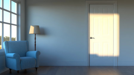 3D rendering of an empty room with a parquet floor and a white wall with a door. On the left side of the window is a light blue armchair, and in front of the chair is a lamp stand. This scene provides ample copy space for a design mock-up concept. High-definition quality. --chaos 30 --ar 16:9 --v 6.1 Job ID: 390114c6-a967-4f3c-84a2-7737eefaa95fの素材