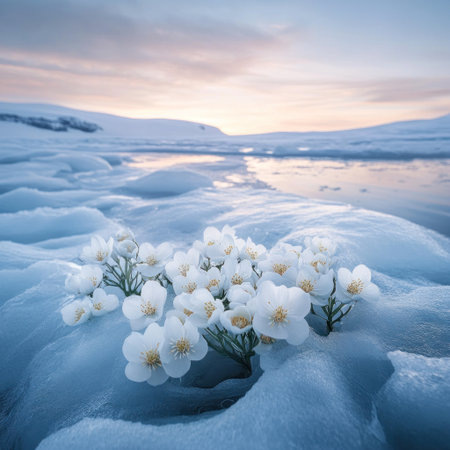 The Arctic ice sheet, with white flowers on top of the snow and water in between the crystals, was shot with a Canon EOS R5 camera, using a 24mm lens at an aperture of f/8. --v 6.1 Job ID: 880897da-9caf-4ddc-988f-0b5fac6b7611の素材