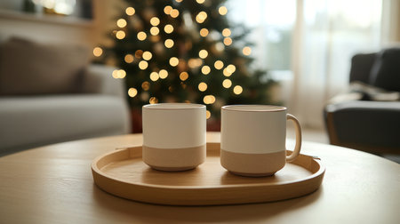 Two white mugs with beige trim on the coffee table, a Christmas tree in the background, bokeh, a wooden tray, in a living room. --chaos 30 --ar 16:9 --v 6.1 Job ID: 7be3de03-7c30-4868-8acb-472fc7bb1ab2の素材