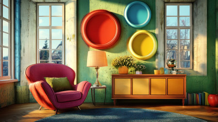 Vibrant interior design with circular color blocks, featuring an armchair and windows. The room has soft lighting, creating a cozy atmosphere. It features warm colors like coral pink, teal blue, orange-red, yellow, green, and mint green, creating a modern yet inviting space. A sideboard is placed on the wall to display decorative items. There's also a potted plant in front of one window for adding life to your home decor. --chaos 30 --ar 16:9 --v 6.1 Job ID: 2731ae1d-d760-469e-9af0-9071409c1e74の素材