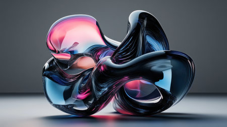 3D render of an abstract glass shape with blue and pink colors inside, on a grey background. --chaos 30 --ar 16:9 --v 6.1 Job ID: bca84017-59eb-4573-87bd-a586da986aa2の素材