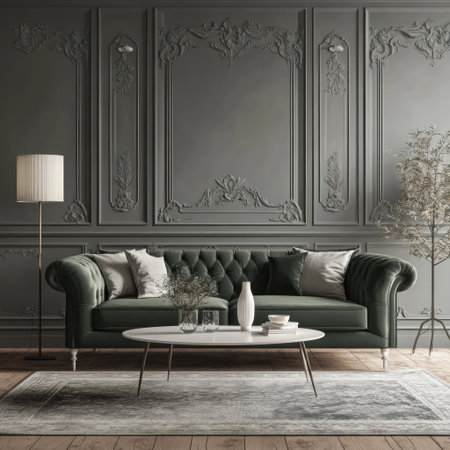 A dark green velvet sofa in the center of an elegant living room with vintage-style walls, a white coffee table and vases on it, a gray carpet, tall floor lamps, gray wall panels with decorative relief patterns, and wooden flooring. The style is hyper-realistic, photorealistic, and high-resolution photography, showcasing the interior design. --v 6.1 Job ID: e897011f-caf5-483f-8239-5317c26977b4の素材