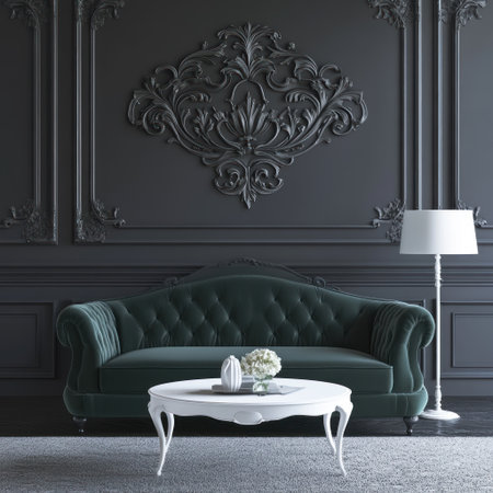A dark gray wall with a green velvet sofa and a white coffee table, a white floor lamp, a gray carpet on the ground, a white vase in front of the couch, decorative relief on the dark gray walls, a vintage style, an elegant interior design, 3D rendering. --v 6.1 Job ID: 2975325d-6c1e-4f1f-bb46-b96d64e1e7f6の素材
