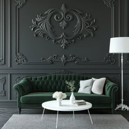 A dark gray wall with a green velvet sofa and a white coffee table, a white floor lamp, a gray carpet on the ground, a white vase in front of the couch, decorative relief on the dark gray walls, a vintage style, an elegant interior design, 3D rendering. --v 6.1 Job ID: 2975325d-6c1e-4f1f-bb46-b96d64e1e7f6の素材