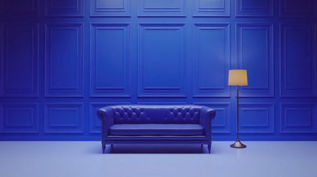 3D rendering of a blue-paneled wall with a sofa and floor lamp in a white room interior. Minimalist home design concept, blue background, HD. --chaos 30 --ar 16:9 --v 6.1 Job ID: 79ceccb1-80e3-4fa8-8bcd-3fb65ca5cd62の素材