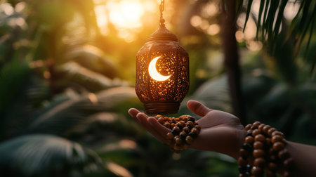 A lantern with a crescent moon and prayer beads in front of it, Ramadan background concept. --chaos 30 --ar 16:9 --v 6.1 Job ID: a321698a-78d7-4126-b5d3-74cf50c38f75の素材