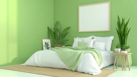 A bright bedroom with green walls, white furniture, and potted plants on the floor. The bed is covered in cozy blankets and pillows. An empty wooden frame mockup hangs above it. Small tables with paintings and vases of snake plants stand on each side of the frame. A jute rug lies under one end of the bed. Minimalist interior design concept. --chaos 30 --ar 16:9 --v 6.1 Job ID: ab349341-4a9e-4e8c-8d57-ce78ac3ae796の素材