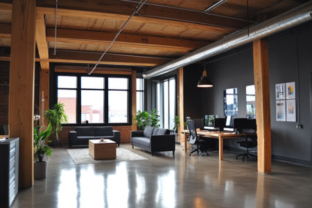 A modern and minimalist office interior with dark gray walls, a concrete floor, wood ceiling beams, black sofa chairs, desk tables, industrial pendant lights, and large windows. --ar 3:2 --v 6.1 Job ID: 0e85ade3-5edf-45c0-97e6-6c874b6e93f3の素材