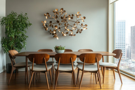 A dining room with mid-century modern chairs and a table, a grey wall with a decorative metal sculpture on the wall above it. --ar 3:2 --v 6.1 Job ID: fdbb7fe7-354f-4445-86b3-6057cc16e1d4の素材