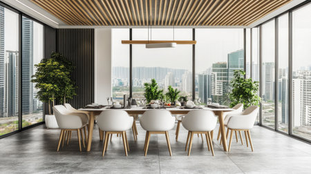 A mockup of an empty wall in the middle, wooden slats on the ceiling, a modern dining table with chairs, plants and decorations, a minimalistic interior design style, a concrete floor, natural light, architectural photography, highly detailed. --chaos 30 --ar 16:9 --v 6.1 Job ID: 9f59c5cb-a00a-4d00-baa9-e87fc53a3ec5の素材