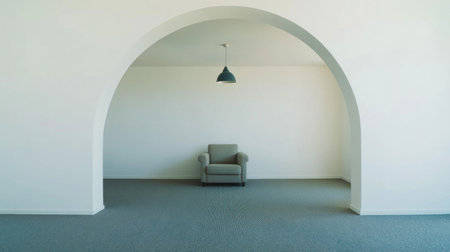 A minimal modern arch wall with an arched opening and an armchair on the floor. The chair is made of wood and fabric in neutral tones with some blue details. There's a lamp hanging from above and carpeted flooring, in the style of Canon EOS R5. --chaos 30 --ar 16:9 --v 6.1 Job ID: 4e2a9886-2ec4-4d9f-ad96-42bb1ae7ad42の素材