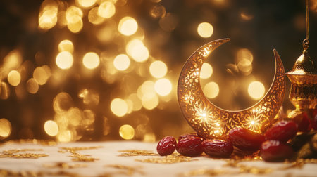 3D wooden Ramadan crescent moon and star ornament with dates and fruit on a white table, against a golden background. Copy space for a banner for the Muslim holiday concept. --chaos 30 --ar 16:9 --v 6.1 Job ID: c7cc13cf-c47a-4ac6-8e01-145bfdcf34b4の素材