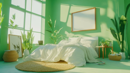 A bright bedroom with green walls, white furniture, and potted plants on the floor. The bed is covered in cozy blankets and pillows. An empty wooden frame mockup hangs above it. Small tables with paintings and vases of snake plants stand on each side of the frame. A jute rug lies under one end of the bed. Minimalist interior design concept. --chaos 30 --ar 16:9 --v 6.1 Job ID: ab349341-4a9e-4e8c-8d57-ce78ac3ae796の素材