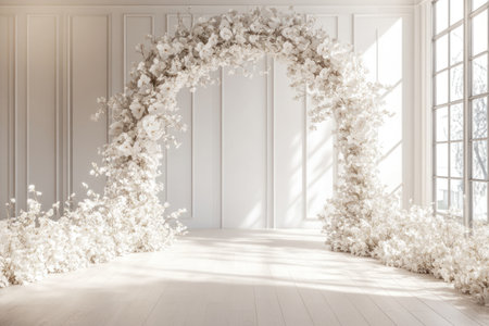 3D white floral arch backdrop, on the floor is a large wall with panels, white wall, white flowers, floor made of light wood, large window on the right side, symmetrical composition, soft lighting, photo studio. --ar 3:2 --v 6.1 Job ID: 670908a3-fd75-4ee8-a214-e3d7e385ebfbの素材