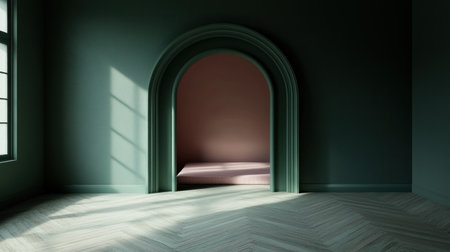 3D rendering of a dark green wall with an arched entrance to a bedroom in pink and gray colors. Minimalist interior design, herringbone parquet floor. --chaos 30 --ar 16:9 --v 6.1 Job ID: f916443c-5595-408c-a49d-aaa4950c9ea3の素材